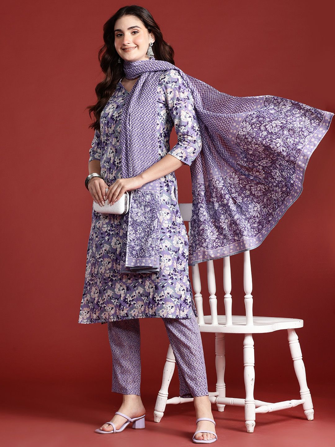 Anouk Printed Regular Cotton Kurta with Trousers & With Dupatta