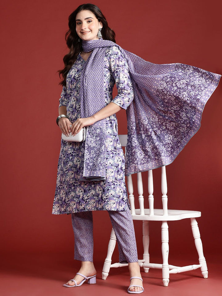 Anouk Printed Regular Cotton Kurta with Trousers & With Dupatta