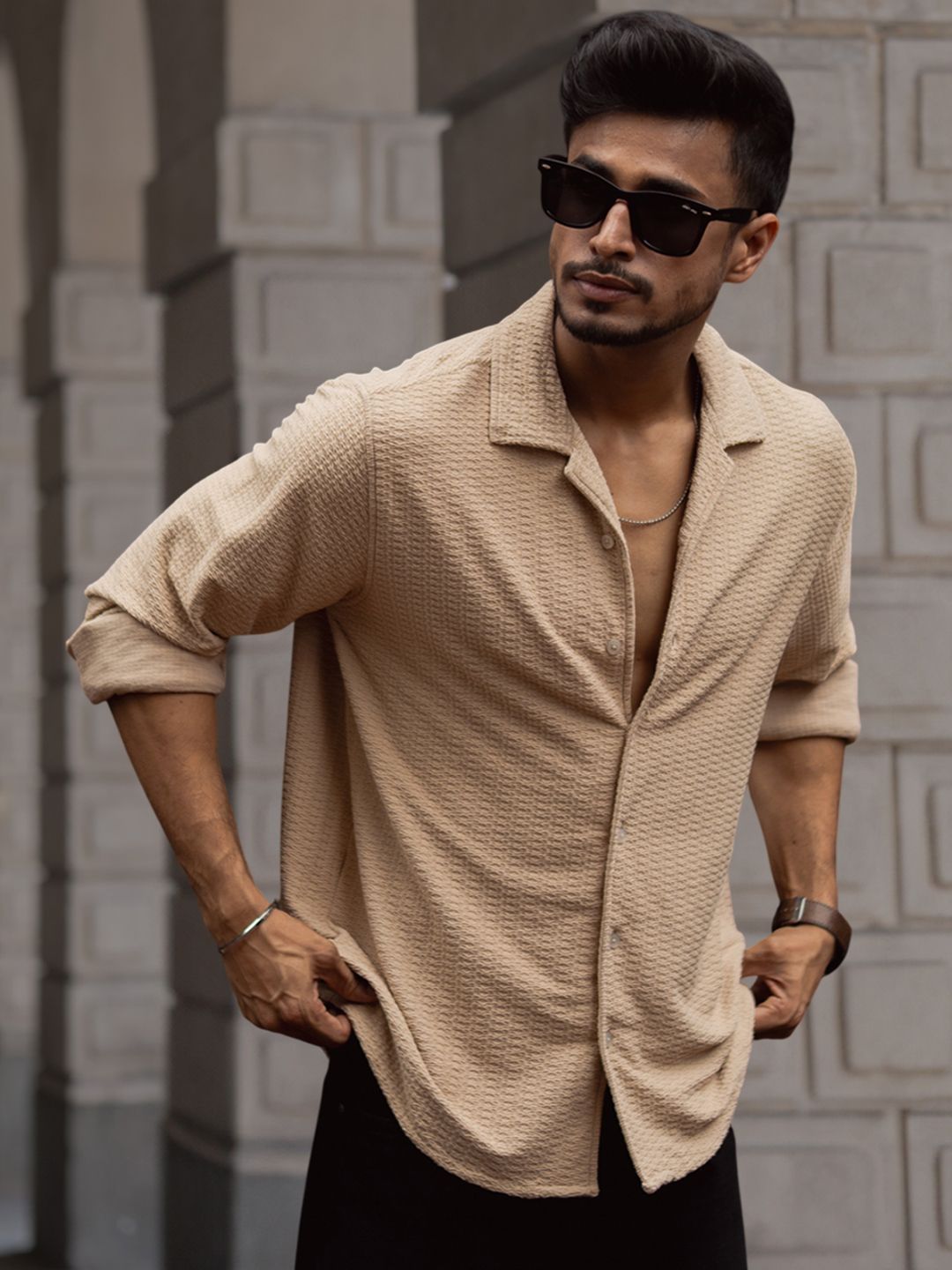 Powerlook Men Cuban Collar Textured Relaxed Fit Casual Shirt