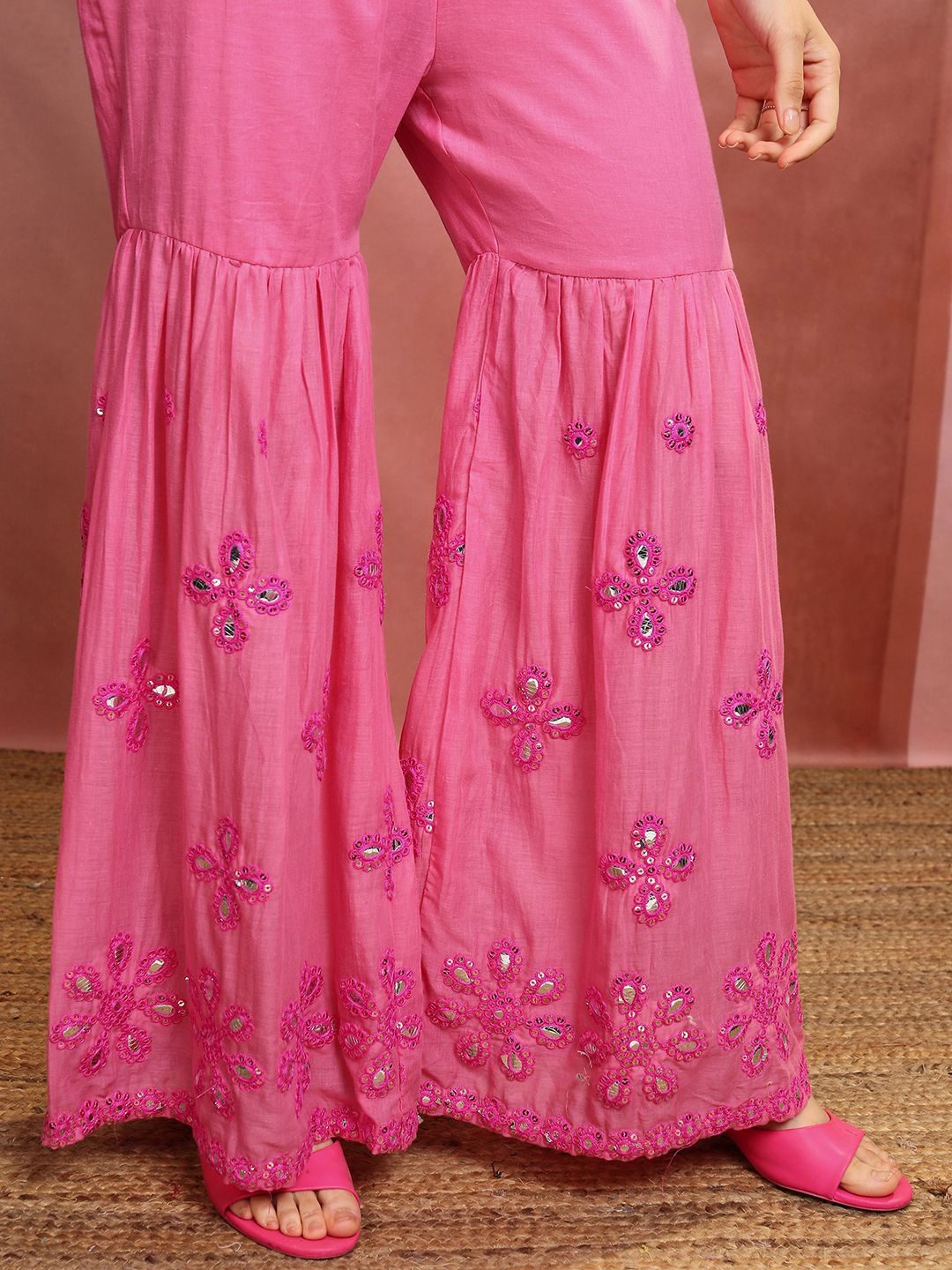 Vishudh Pink Embroidered Mirror Work Pure Cotton A-Line Kurta With Sharara & Dupatta