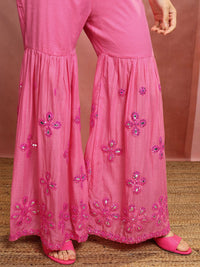Vishudh Pink Embroidered Mirror Work Pure Cotton A-Line Kurta With Sharara & Dupatta
