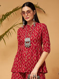 Shae by SASSAFRAS Maroon Ethnic Printed Mandarin Collar Liva A-Line Top