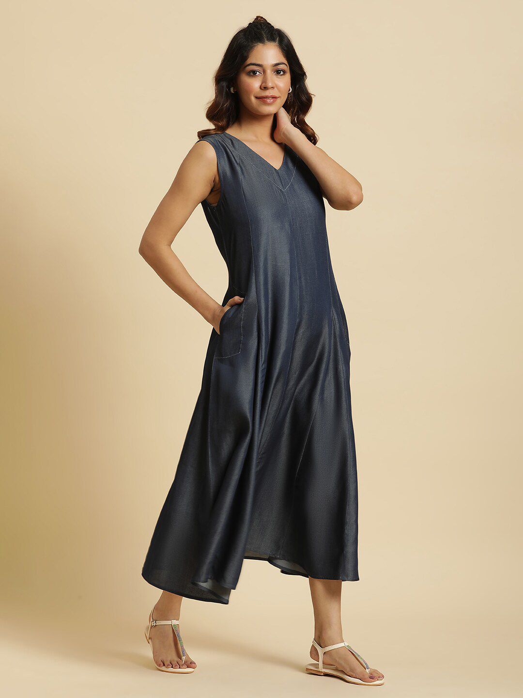 W V-Neck Denim A-Line Midi Dress