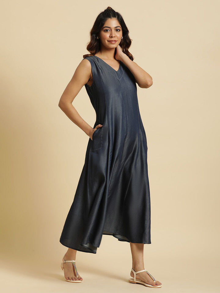 W V-Neck Denim A-Line Midi Dress