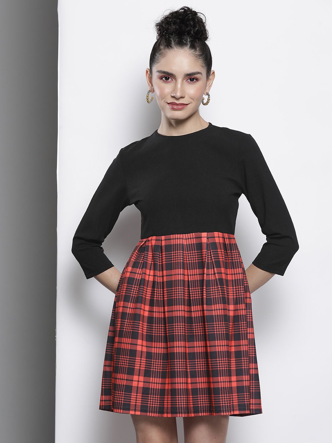 SASSAFRAS Red & Black Knit Pleated Skater Dress