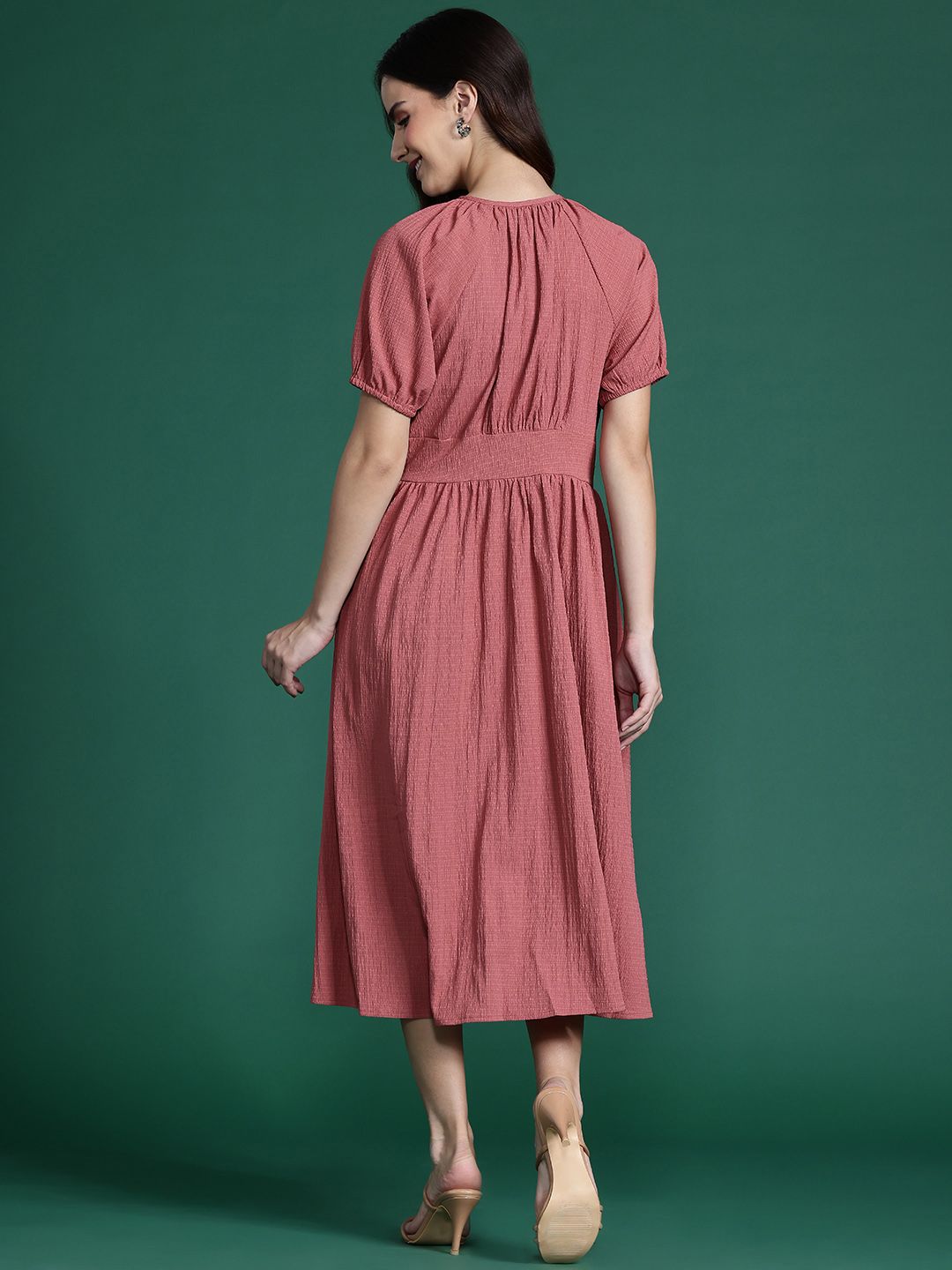 DressBerry Tie-Up Neck Textured Gathered Detail A-Line Midi Dress
