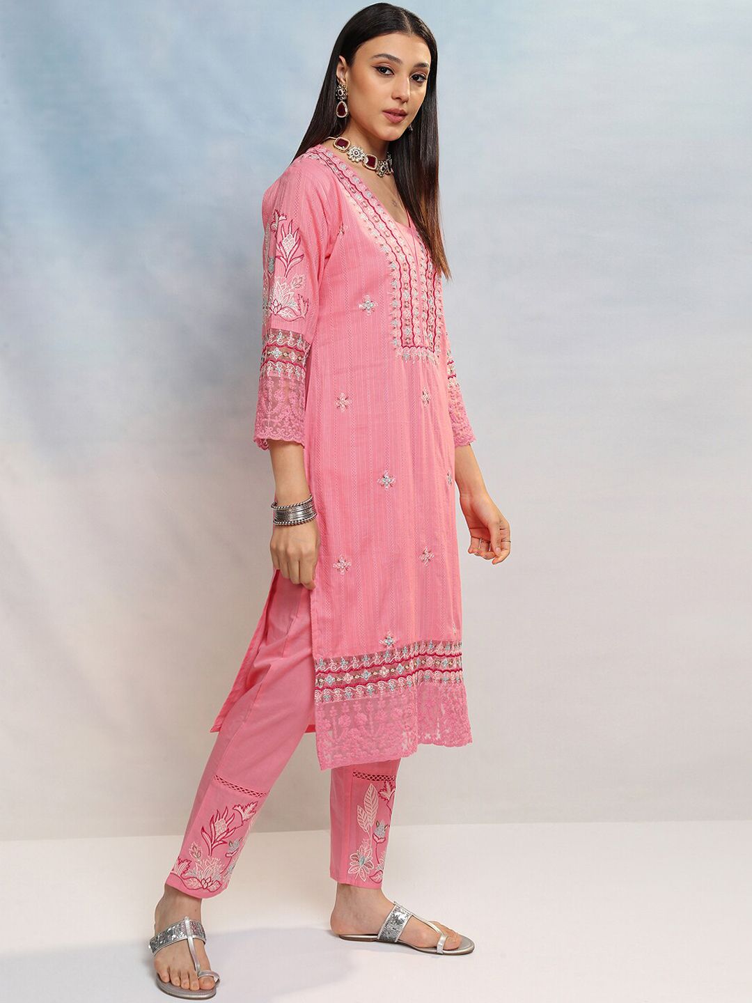 Vishudh Women Embroidered Regular Thread Work Pure Cotton Kurta with Trousers & Dupatta