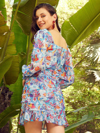 STREET 9 Blue Floral Printed Sweetheart Neck Puff Sleeves A-Line Dress