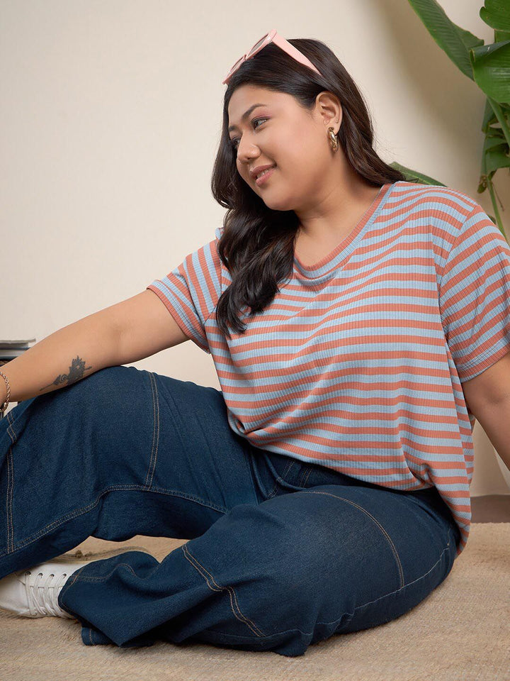 CURVY STREET Plus Size Striped Regular Top