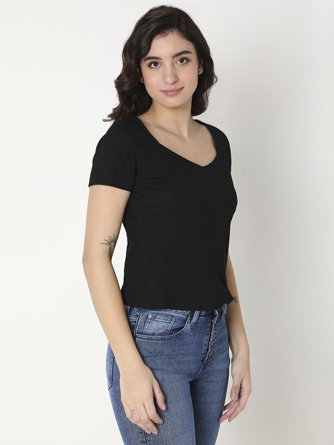 SPYKAR Women Solid V-Neck Cotton Slim Fit T-Shirt
