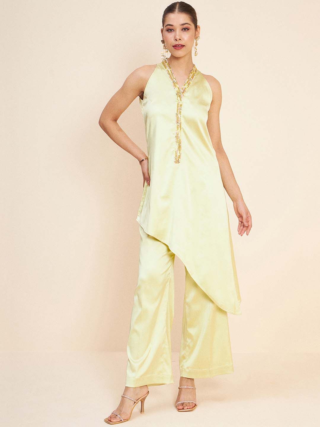 Antheaa Beads & Stones Asymmetrical Fusion Top With Palazzos