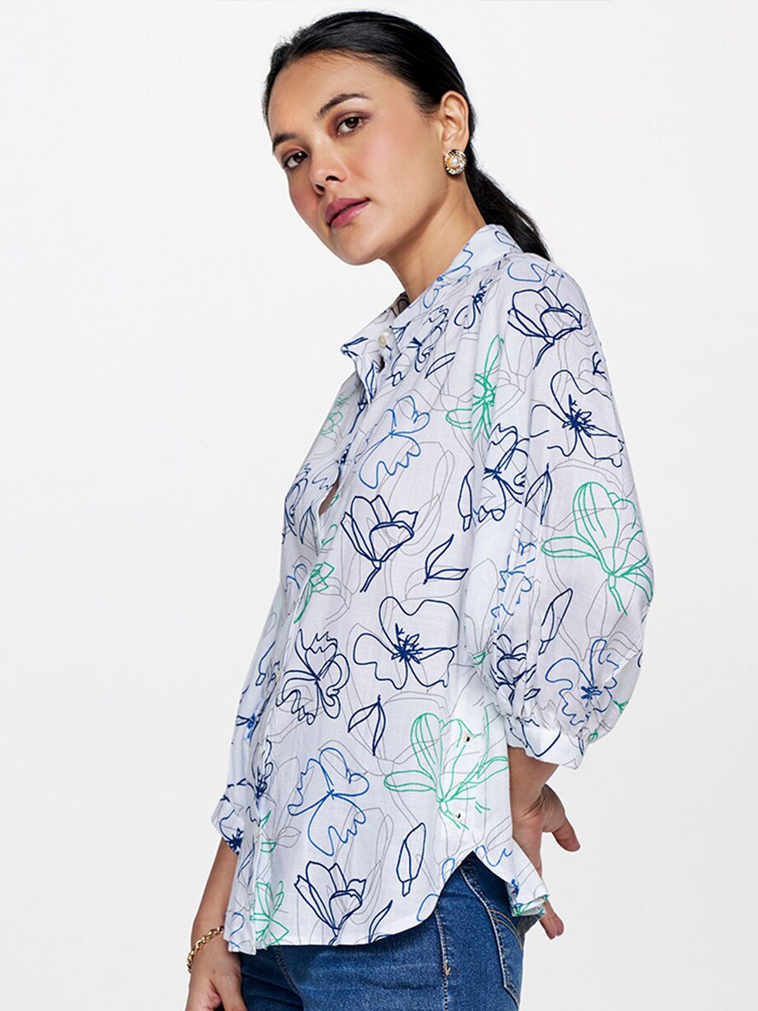 AND Floral Printed Cuffed Sleeves Shirt Style Top