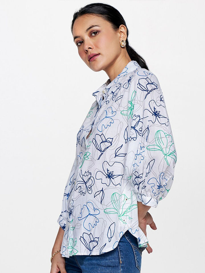 AND Floral Printed Cuffed Sleeves Shirt Style Top