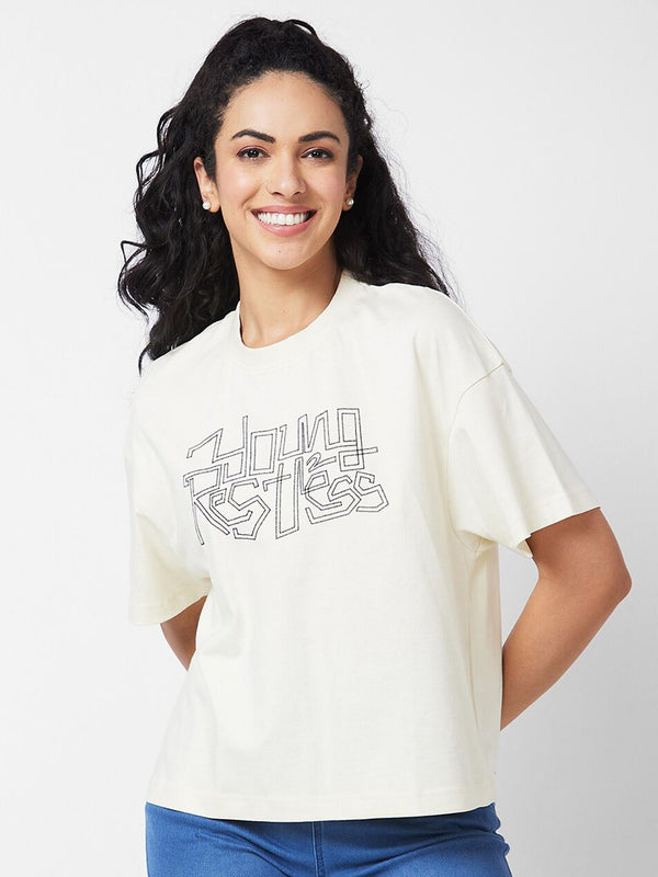 SPYKAR Typography Printed Drop Shoulder Sleeves Oversized T-shirt