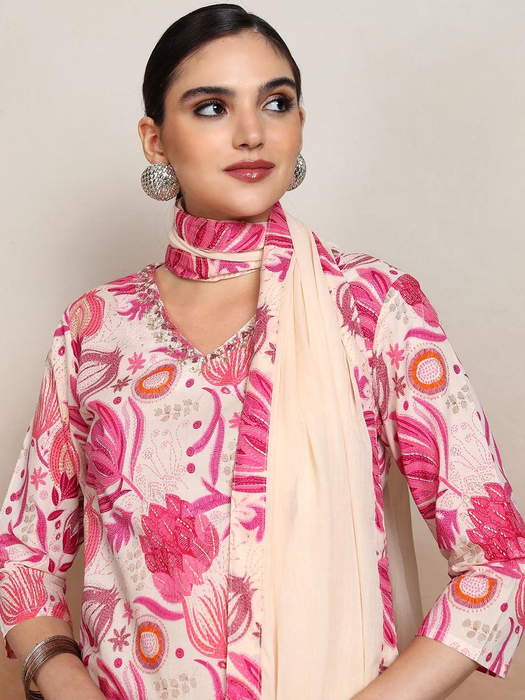 Vishudh Floral Printed Pure Cotton Straight Kurta & Trousers With Dupatta