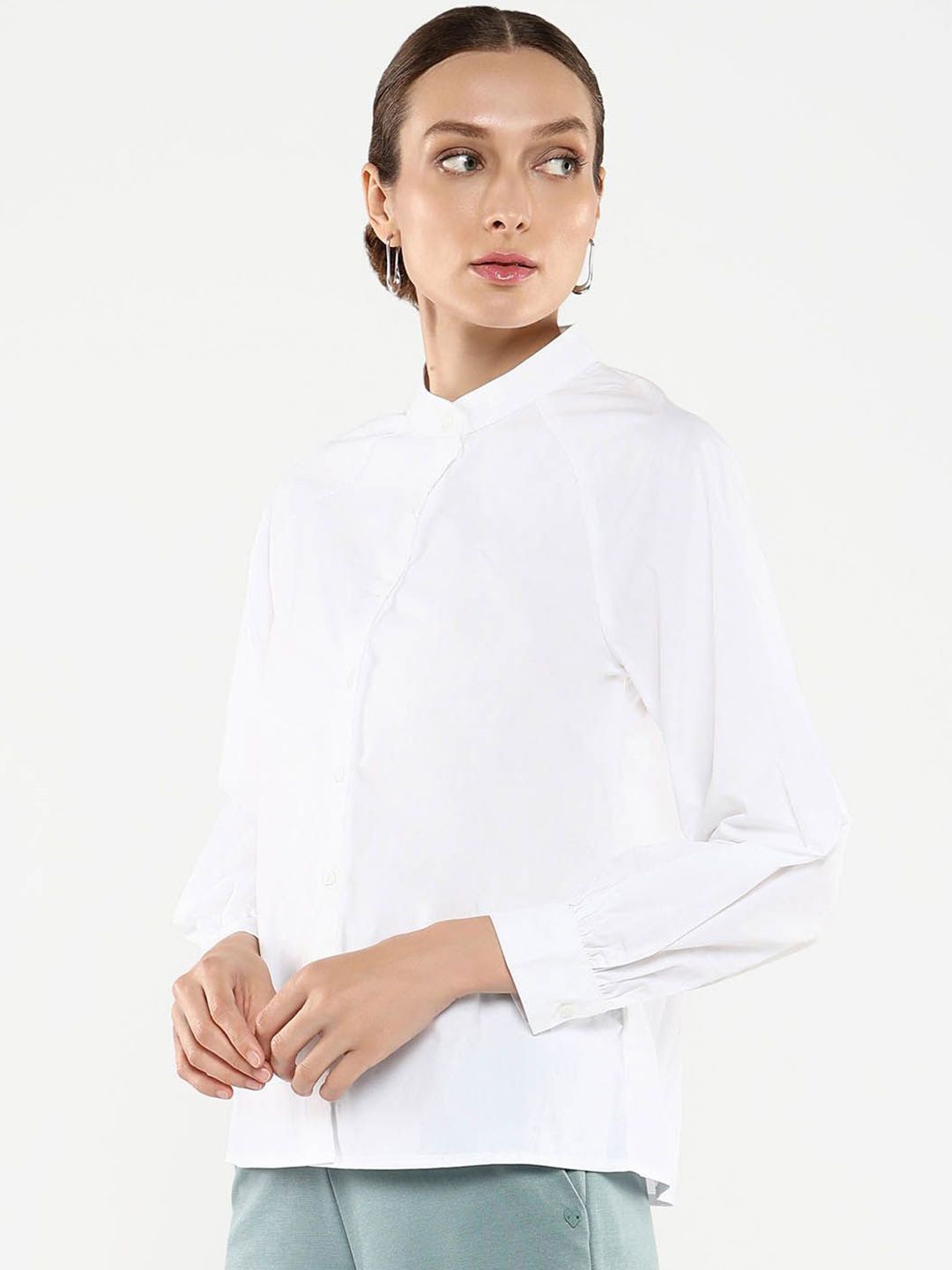 Rareism Women Mandarin Collar Cotton Shirt Style Top