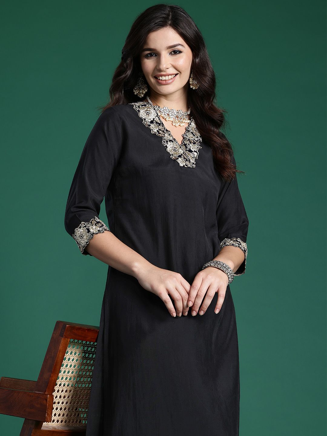 Indo Era Women Floral Yoke Design Regular Pure Cotton Kurta with Trousers