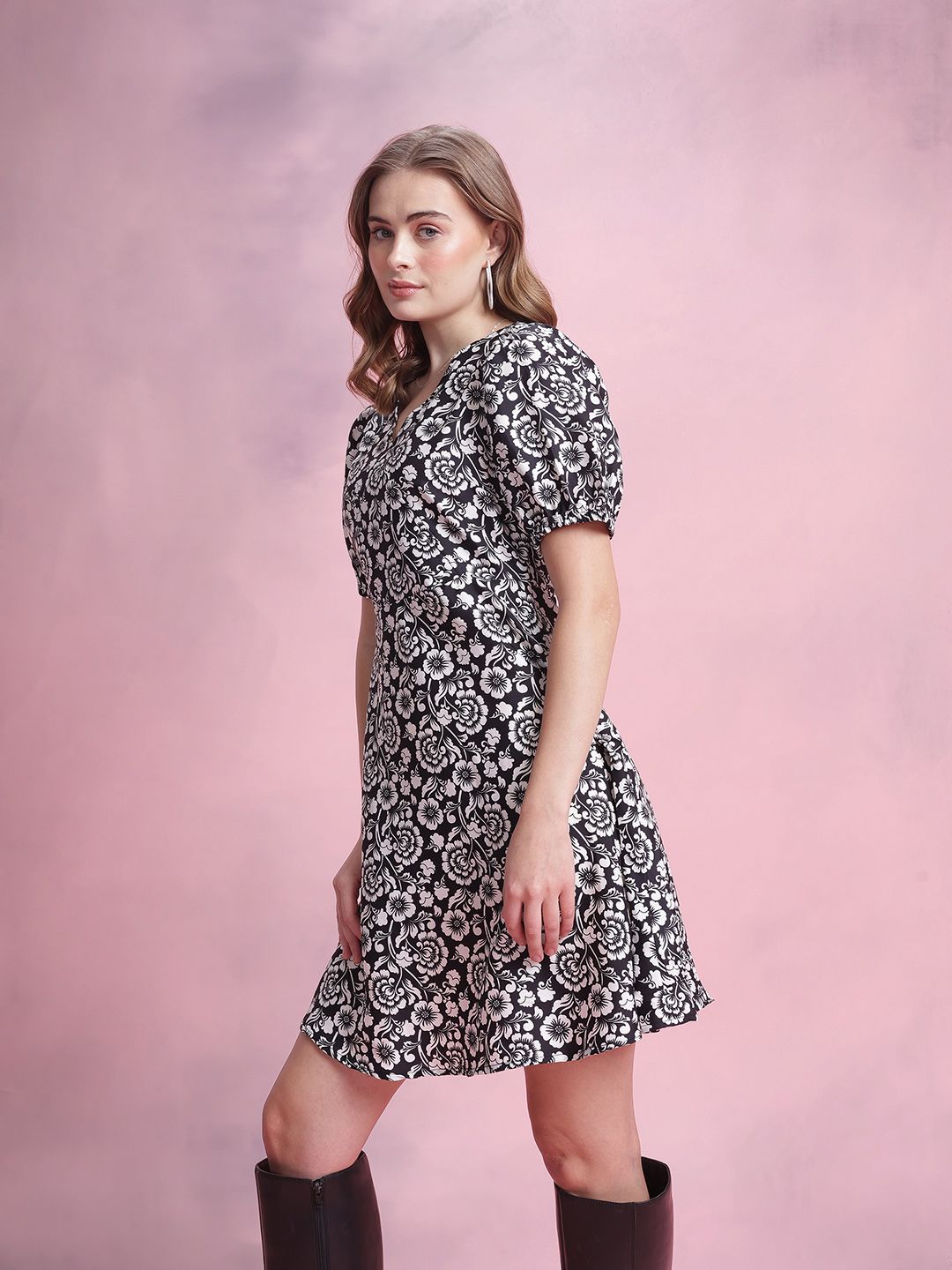 DressBerry Floral Print Puff Sleeve A-Line Dress