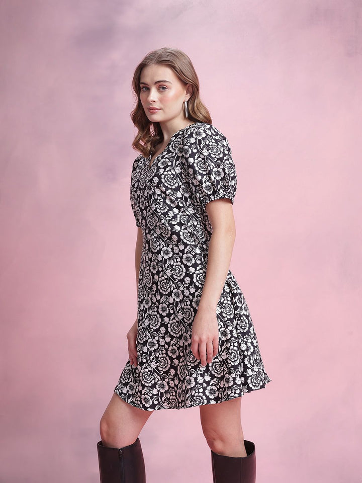 DressBerry Floral Print Puff Sleeve A-Line Dress