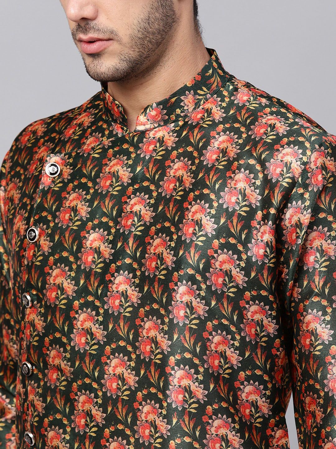 SOJANYA Men Green & Pink Printed Straight Kurta