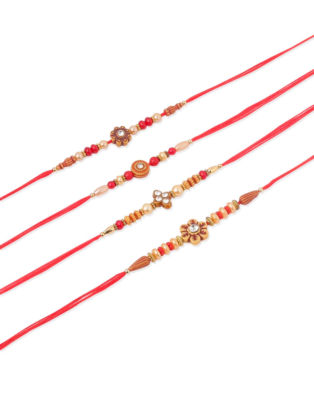 NVR Unisex Set of 4 Artificial Stones Beads Thread Rakhi with Roli Chawal Chandan Mishri