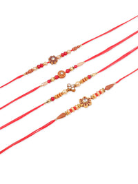 NVR Unisex Set of 4 Artificial Stones Beads Thread Rakhi with Roli Chawal Chandan Mishri