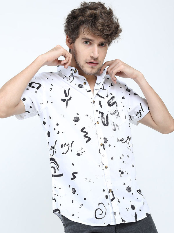 LOCOMOTIVE Men White Slim Fit Printed Pure Cotton Casual Shirt