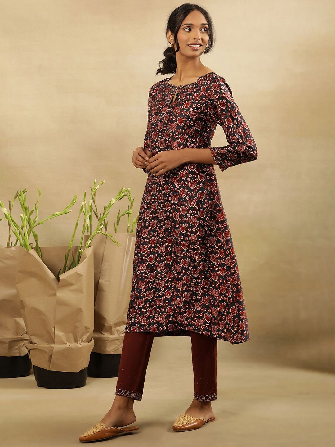 W Abstract Printed Keyhole Neck Flared Sleeves A-Line Kurta