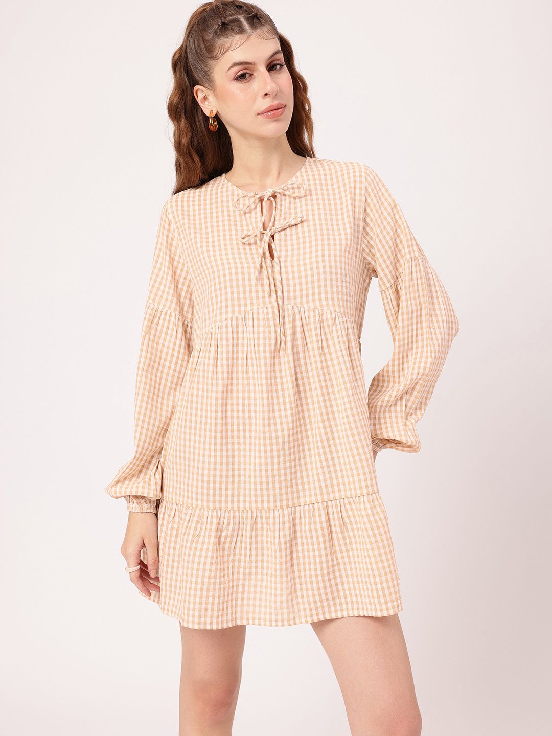 DressBerry Preppy Chic Checked Tie-Up Neck A-line Mini Dress