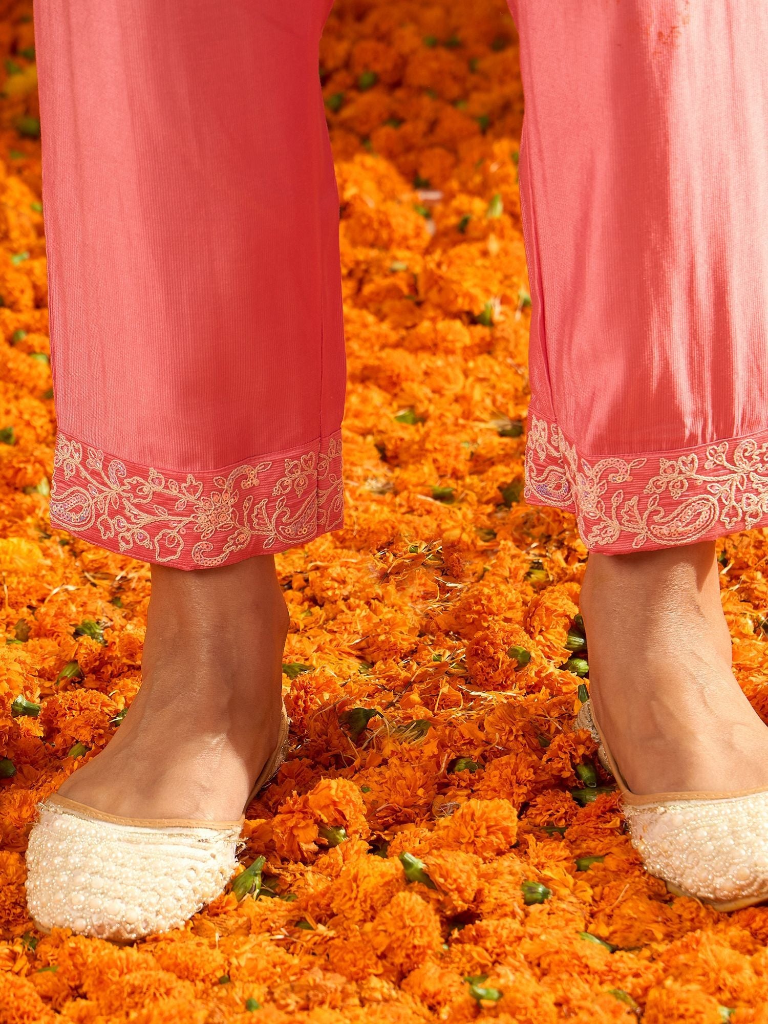Indo Era Floral Embroidered Liva V-Neck Straight Kurta With Trousers And Dupatta