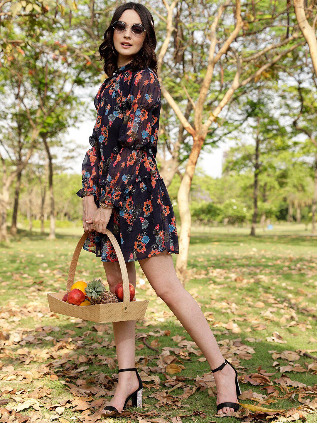 STREET 9 Navy Blue & Orange-Coloured Floral Printed A-Line Mini Dress