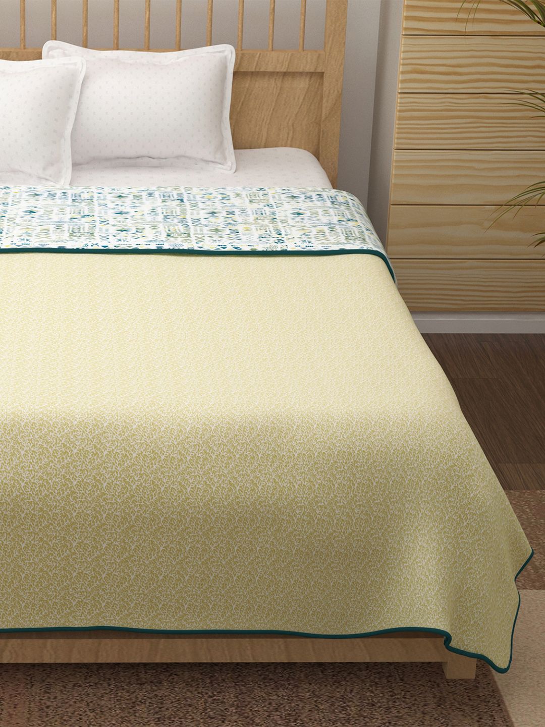 Story@home Yellow & Blue Printed AC Room 150 GSM Reversible Cotton Double Bed Dohar