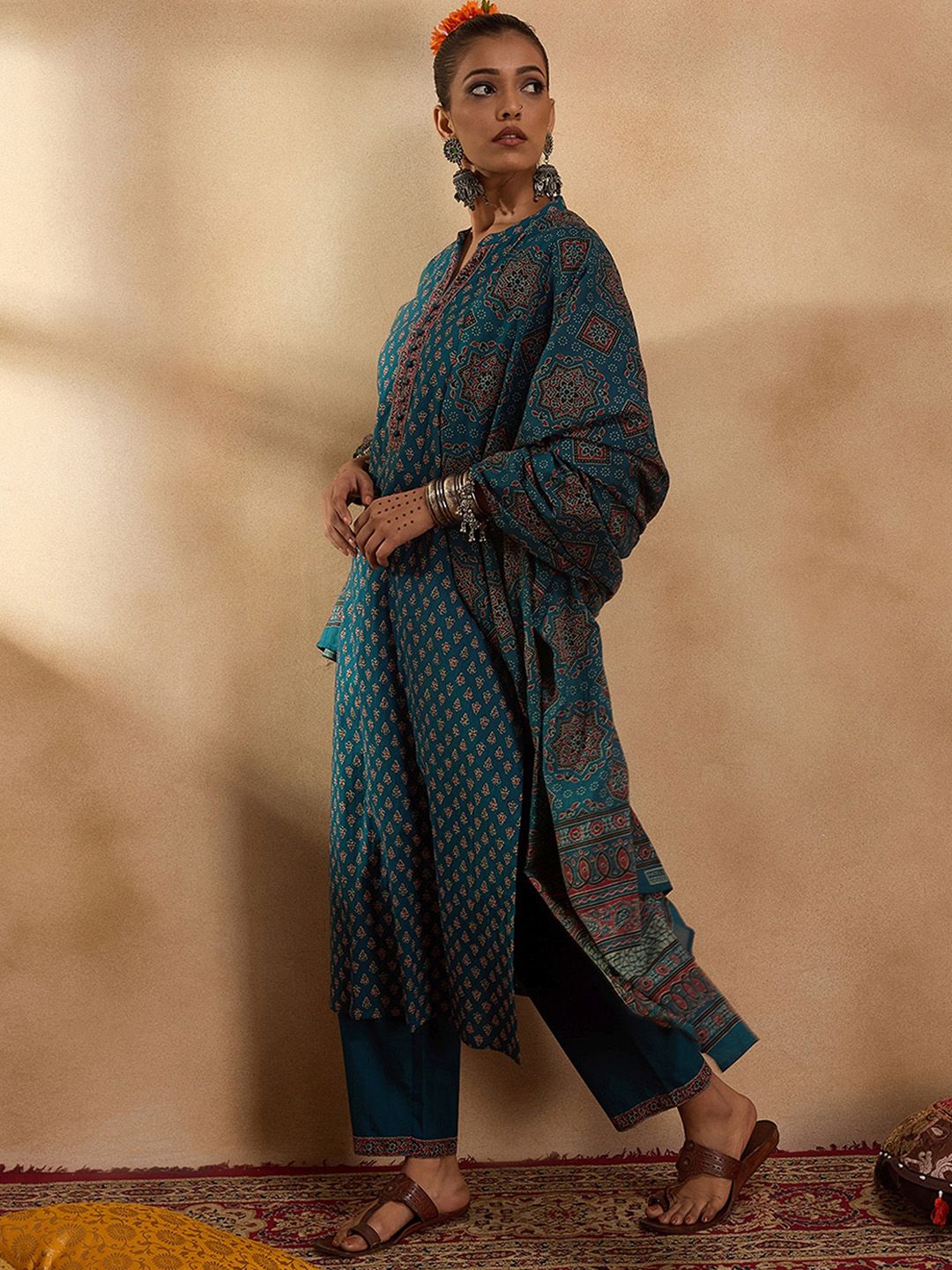 Indo Era Ethnic Motifs Printed Regular Pure Cotton Straight Kurta with Trousers & Dupatta