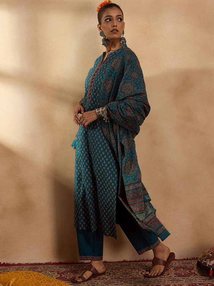 Indo Era Ethnic Motifs Printed Regular Pure Cotton Straight Kurta with Trousers & Dupatta