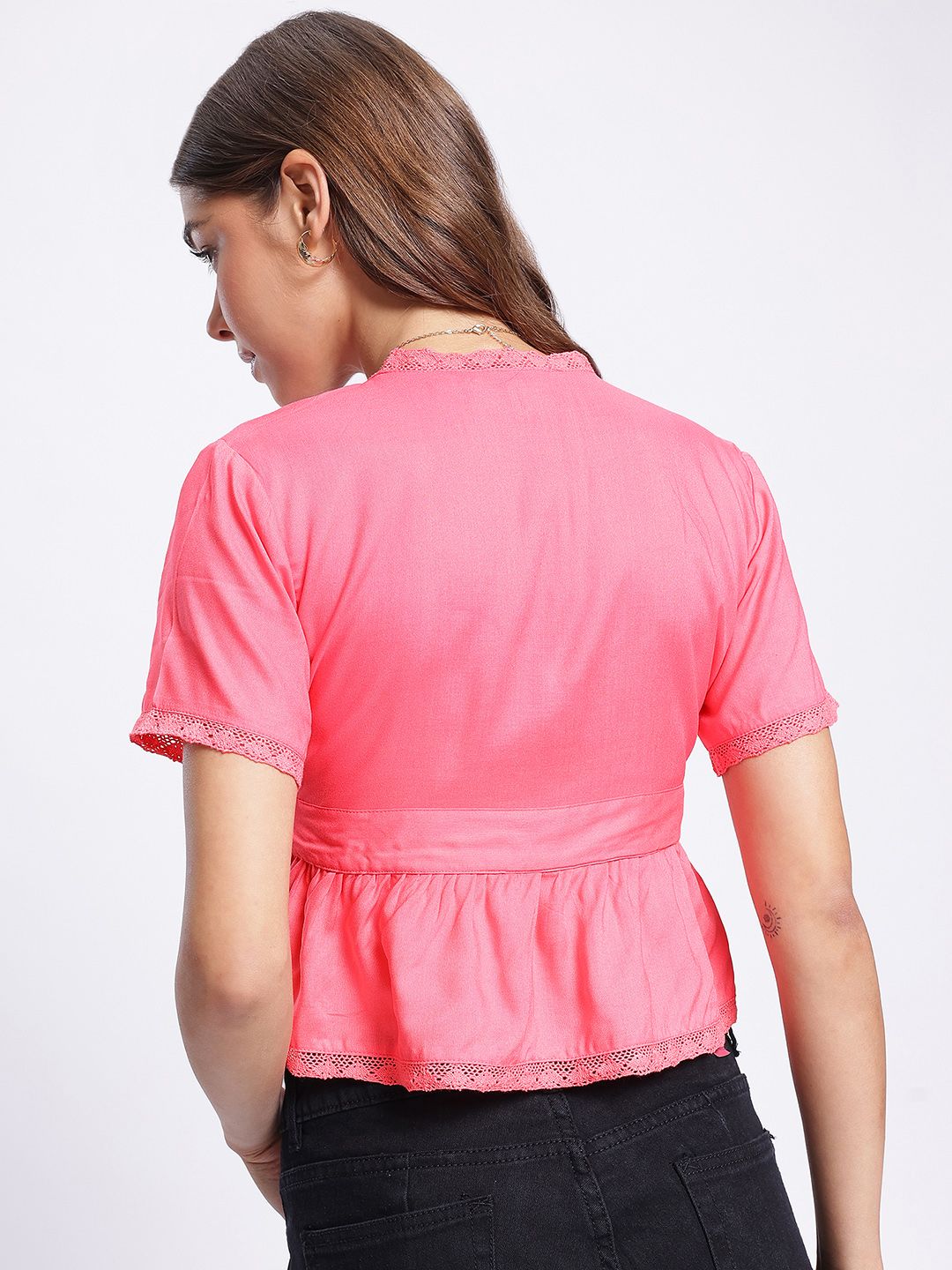 DressBerry Lace Insert Detail Crop Wrap Top