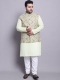 SOJANYA PLUS Etnik Sulam Kurta Kapas Tulen Lurus & Piyama Dengan Jaket Nehru
