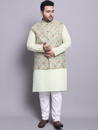 SOJANYA PLUS Etnik Sulam Kurta Kapas Tulen Lurus & Piyama Dengan Jaket Nehru