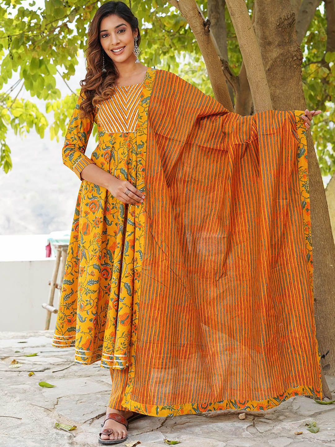 KALINI Floral Printed Gotta Patti Pure Cotton Kurta with Trousers & Dupatta