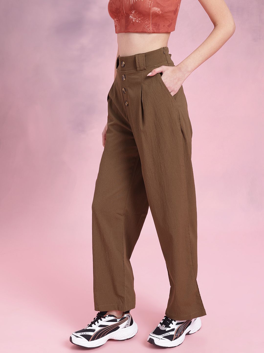 DressBerry Women Comfortably Grunge Textured Pleated Mock Button Trousers