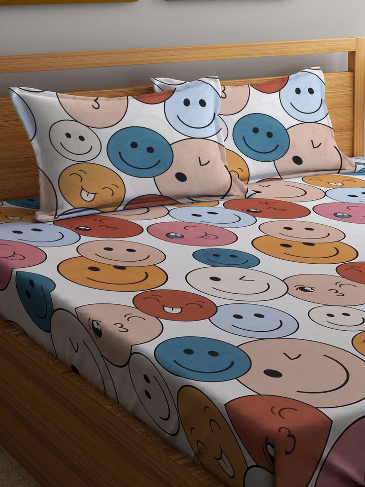 KLOTTHE White & Blue Cartoon Characters 300 TC Fitted King Bedsheet with 2 Pillow Covers