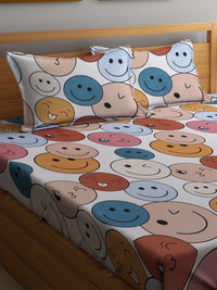 KLOTTHE White & Blue Cartoon Characters 300 TC Fitted King Bedsheet with 2 Pillow Covers