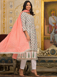 Vishudh White Floral Printed Pleated Pure Cotton Kurta with Trouser & Dupatta