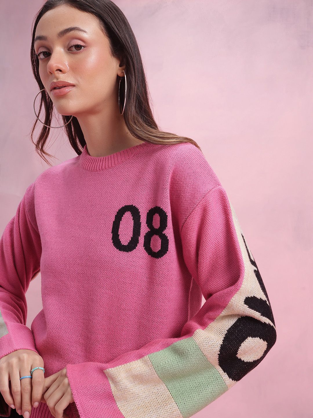 DressBerry Typography Colourblocked Flared Sleeve Pullover