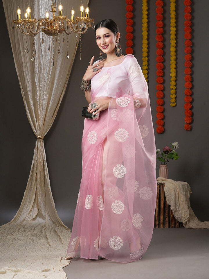 Saree mall Pink & White Floral Organza Banarasi Sarees