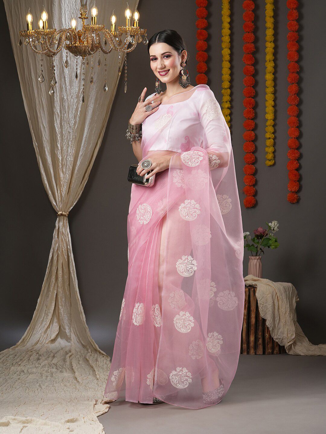 Saree mall Pink & White Floral Organza Banarasi Sarees