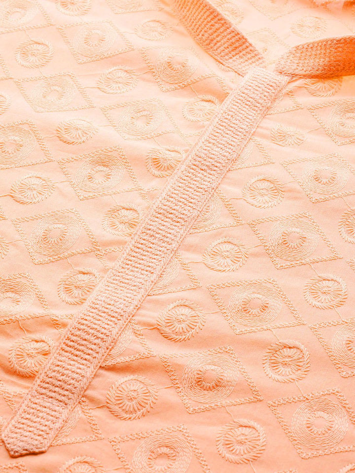 See Designs Men Peach Pure Cotton Chikankari Embroidered Straight Kurta