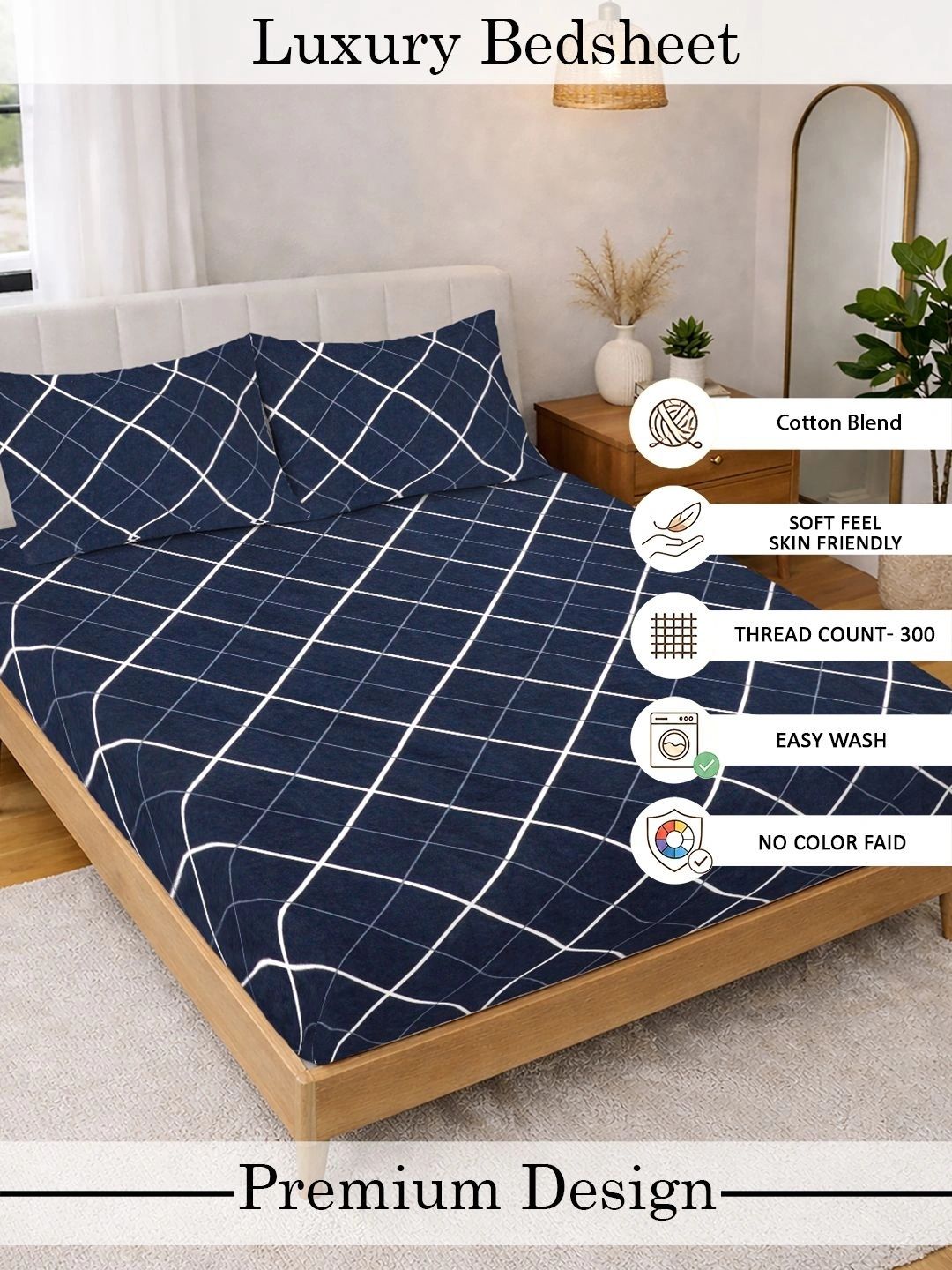 Moda Rapido X KLOTTHE Blue & White Geometric 300 TC King Bedsheet with 2 Pillow Covers