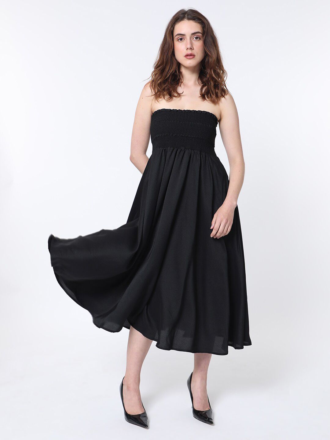 RAREISM Strapless Sleeveless Smocked Detail Fit & Flare Tube Dress