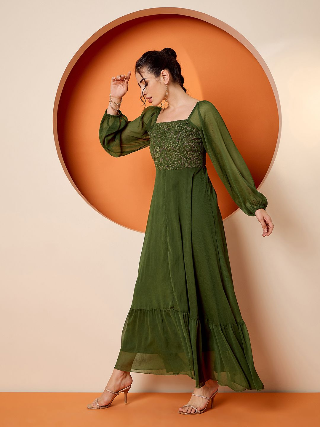 Antheaa women Square Neck Embellished maxi dress