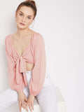 Berrylush Pink Sweetheart Neck Crepe Fitted Crop Top